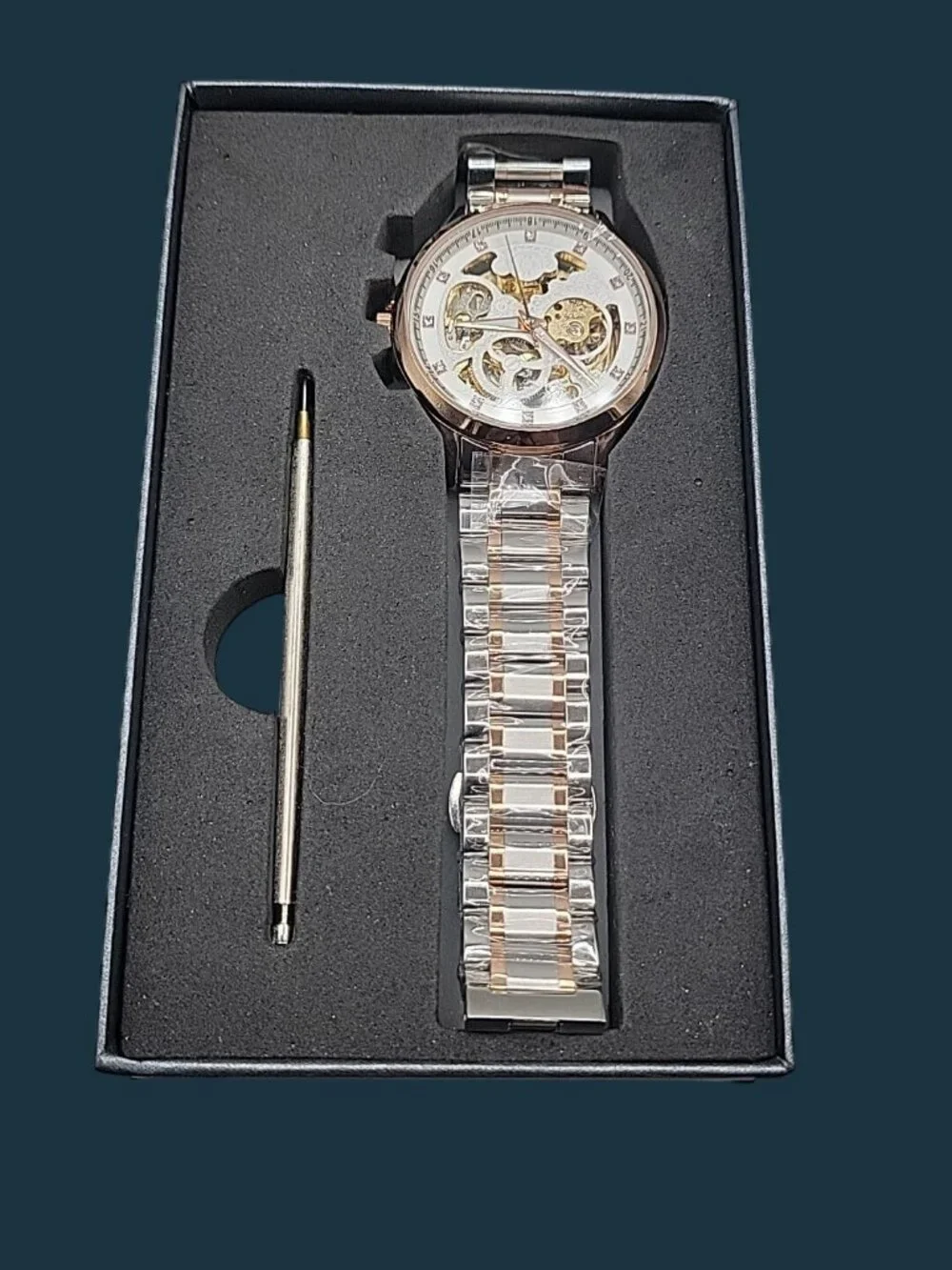 Luminous Mens Skeleton Automatic Watch 42mm T22k Gold Plated Diamond Markers